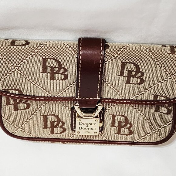 Dooney & Bourke BROWN LEATHER Logo Purse Bag Small Canvas Monogram Gold Used - Picture 6 of 16
